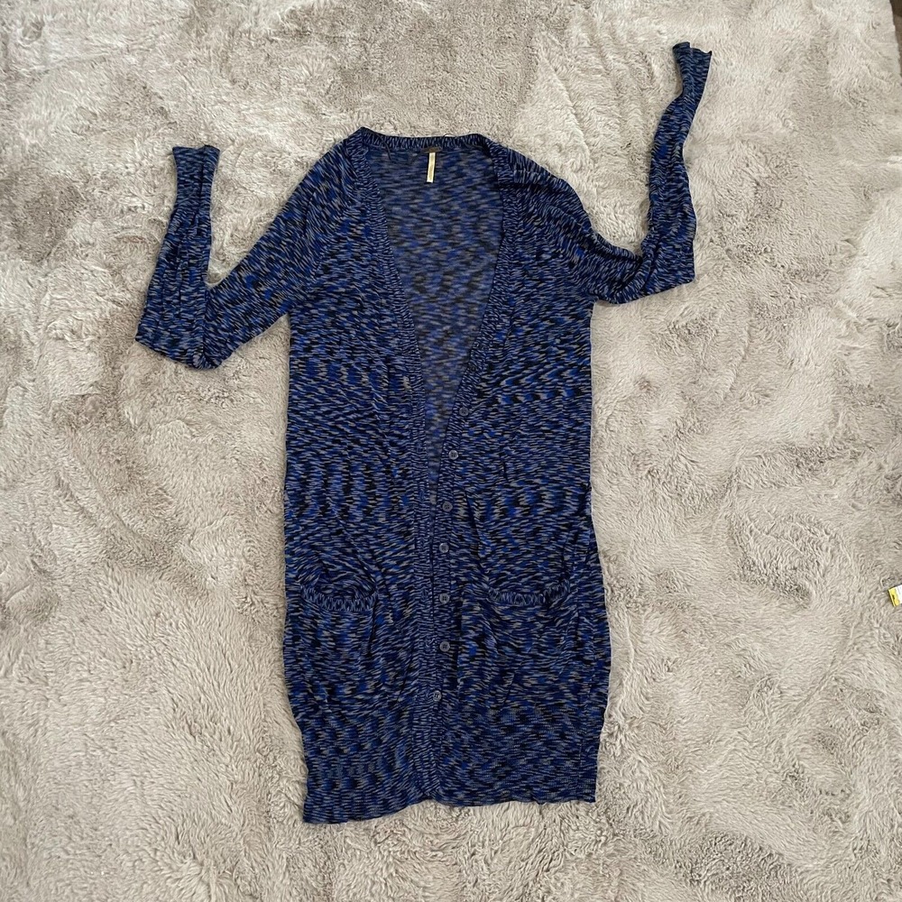 Free People Women's XS Long Button-Down Cardigan Blue/Black Boho Minimalist